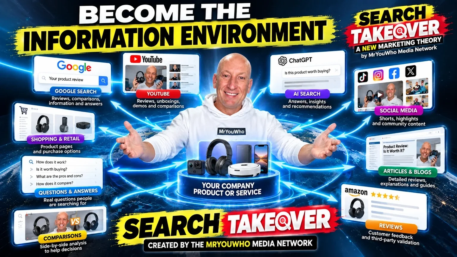 Become the Information Environment: Google, YouTube, AI, social media, reviews, comparisons and retail connected around a product or service